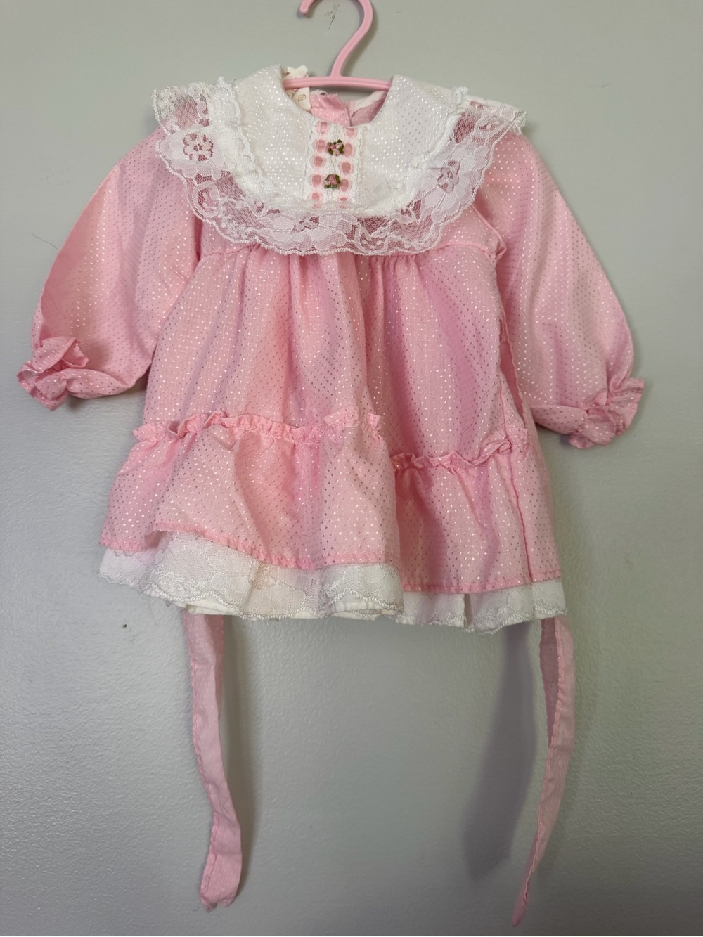 Pink Baby Girls Dress with Lace & Floral Trim - 18M
